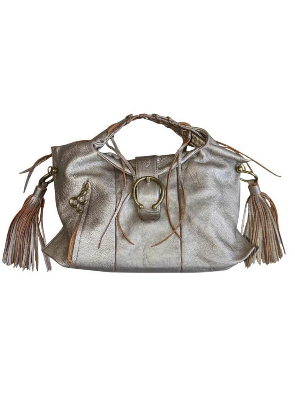 Beautiful vtg metallic antique silver leather tassel hobo bag
